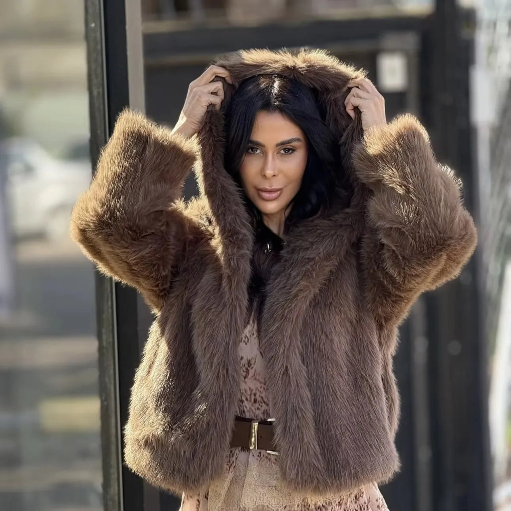 Brown polyester hooded jacket with faux fur trim, loose fit, 50cm length, women's sizes S to XXXL