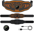 Smart Massage Belt EMS device with orange host, adjustable fitness belt, and electrode stickers on a grey background.