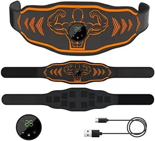Smart Massage Belt EMS device with orange host, adjustable fitness belt, and electrode stickers on a grey background.