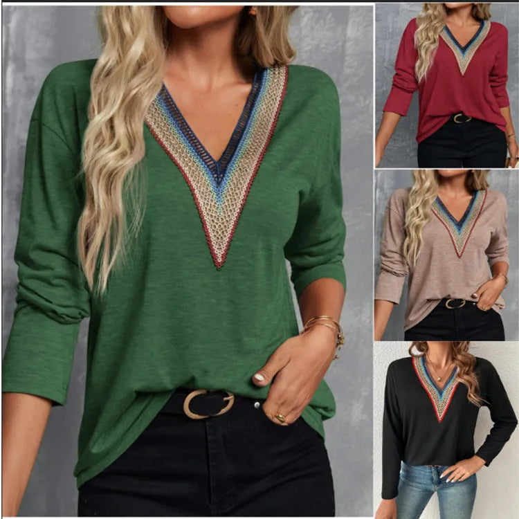 Autumn winter lace spliced V-neck loose long sleeve polyester top in green