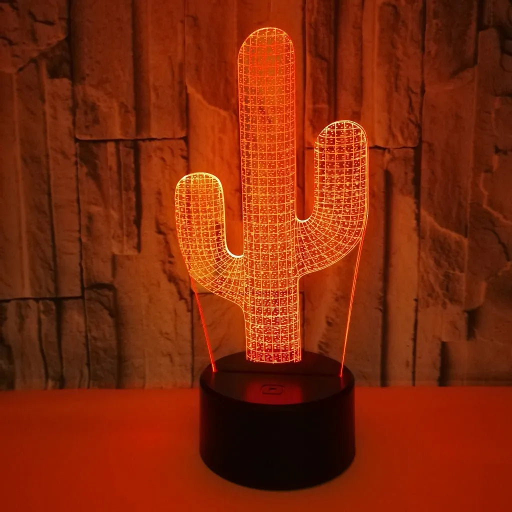 Cactus 3D small night lamp with remote control, multicolour touch operation, USB-powered acrylic and ABS base