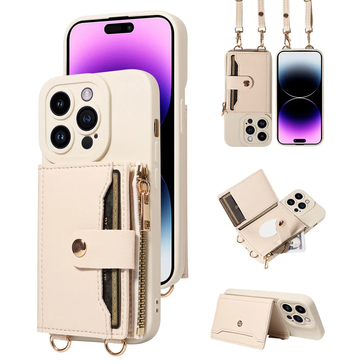 Black imitation leather phone case with attached fall protection strap on an Apple iPhone