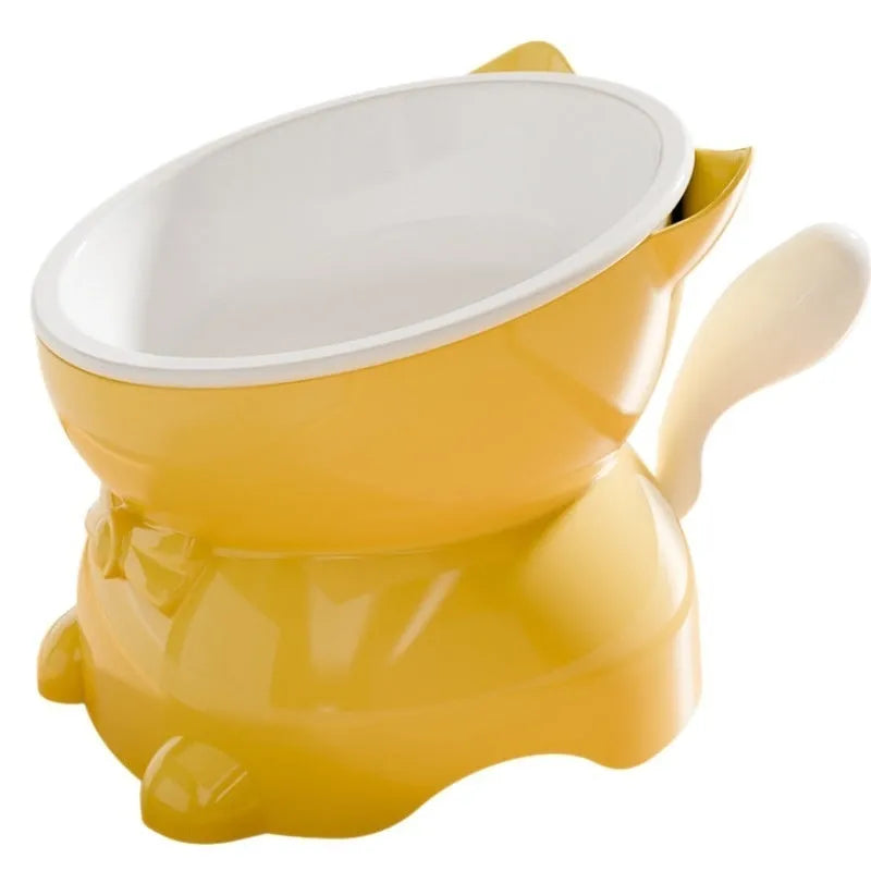 Stainless steel cat bowl with a slanted black base, showing its wide, shallow food dish.