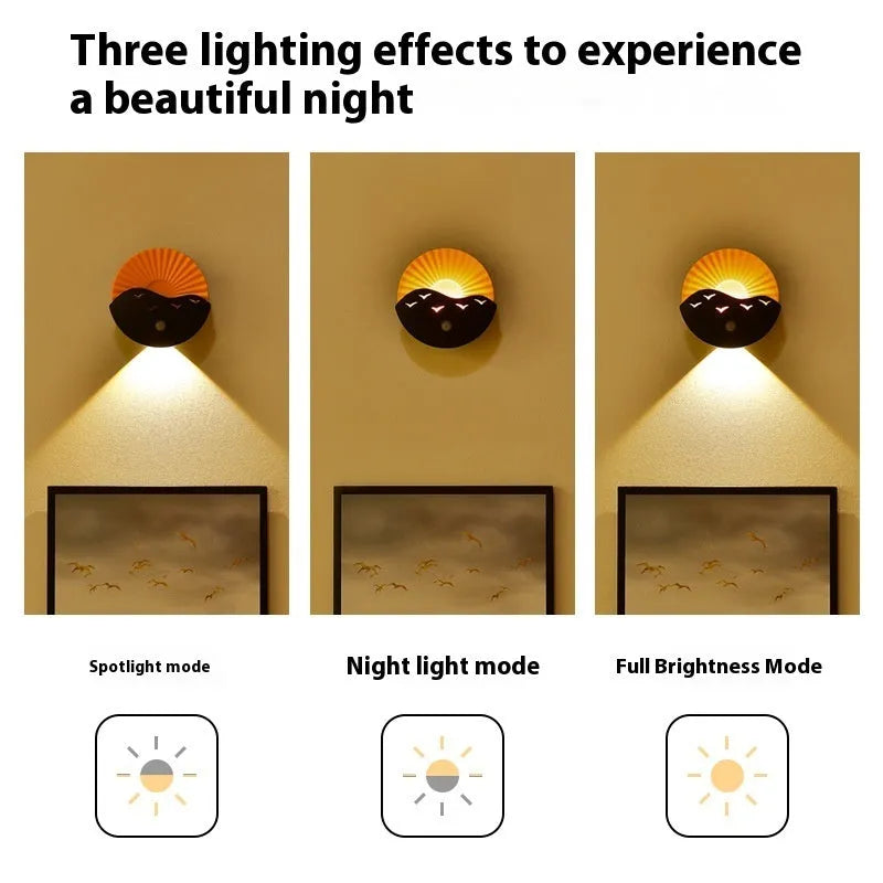 Remote control small night lamp with sunrise sea scene, rechargeable battery, 110x48.5mm, on a bedside table