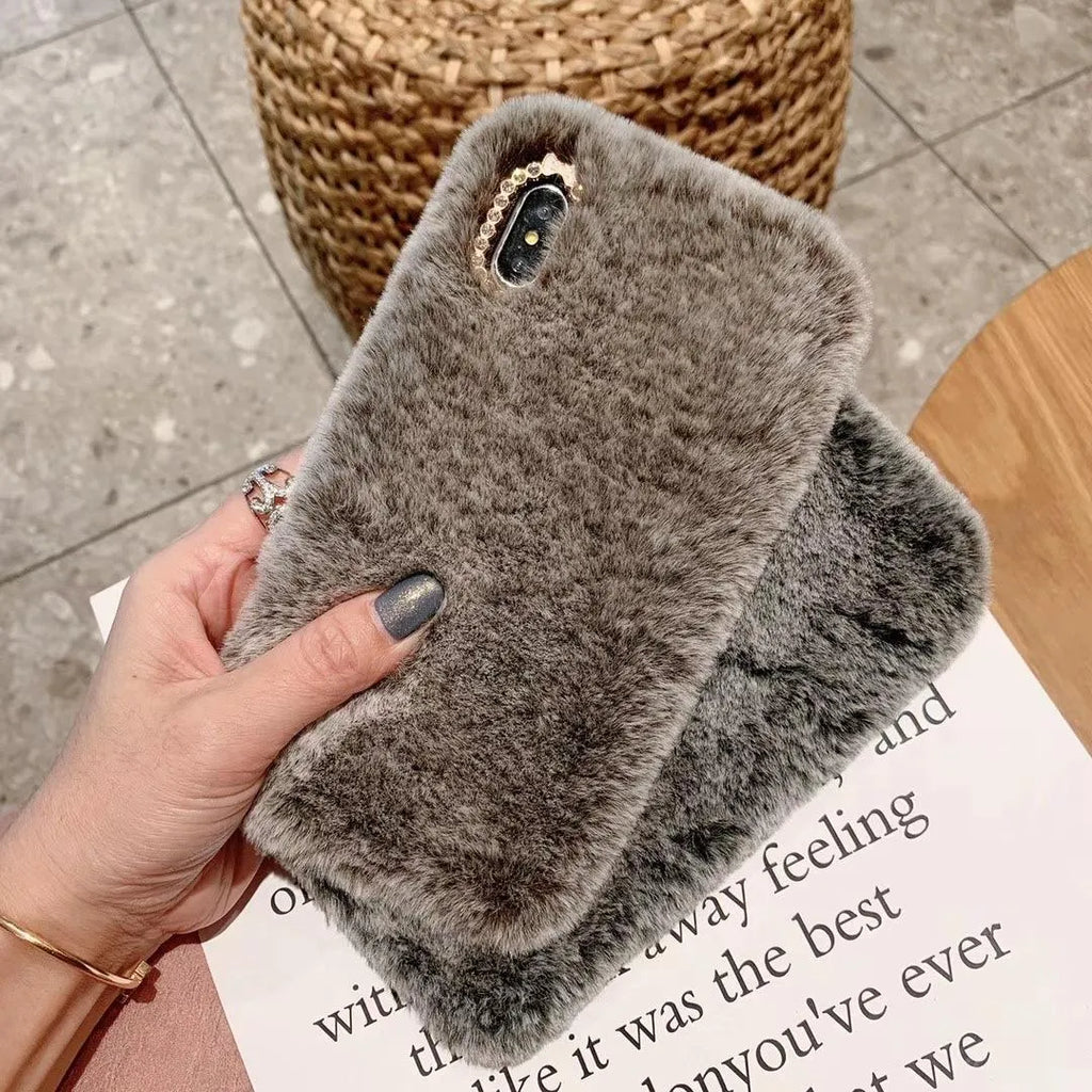 Rabbit hair silicone phone case with rhinestones for Apple iPhone, grey plush back cover