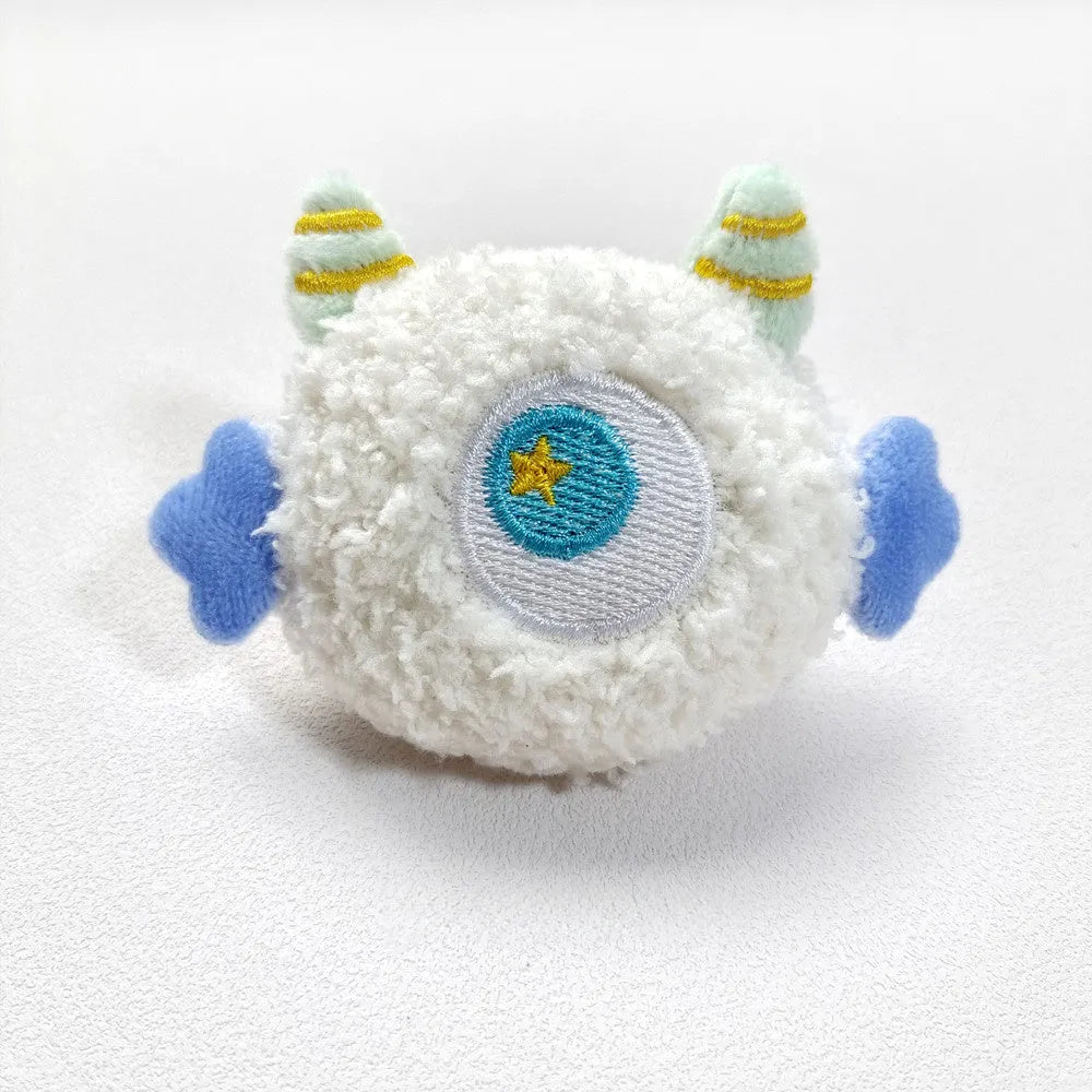 Cartoon-shaped plush dog chew toy with large eyes and squeaker sound feature