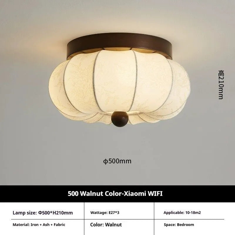 Mid-ancient French retro fabric ceiling lamp with ash wood frame in walnut colour on a ceiling