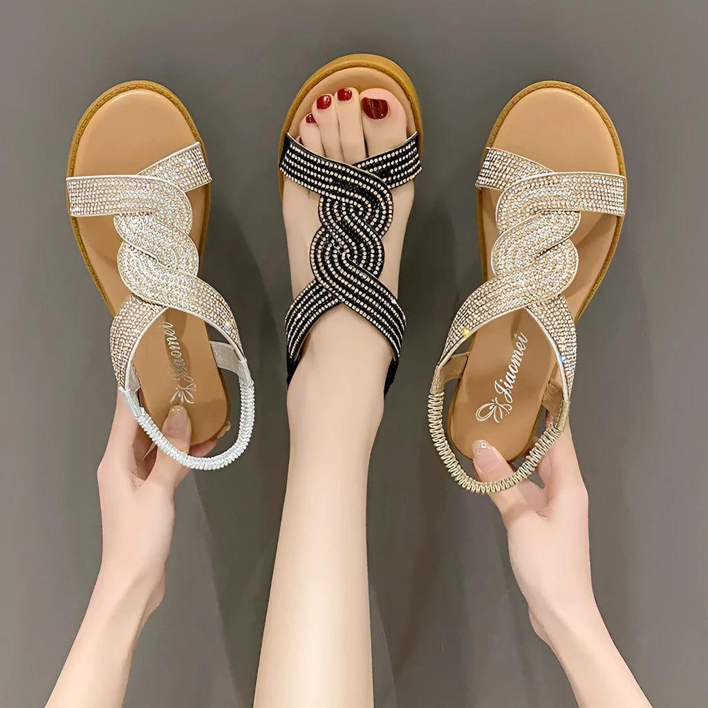 Women's black Roman sandals with fish mouth toe and rhinestones on PVC upper
