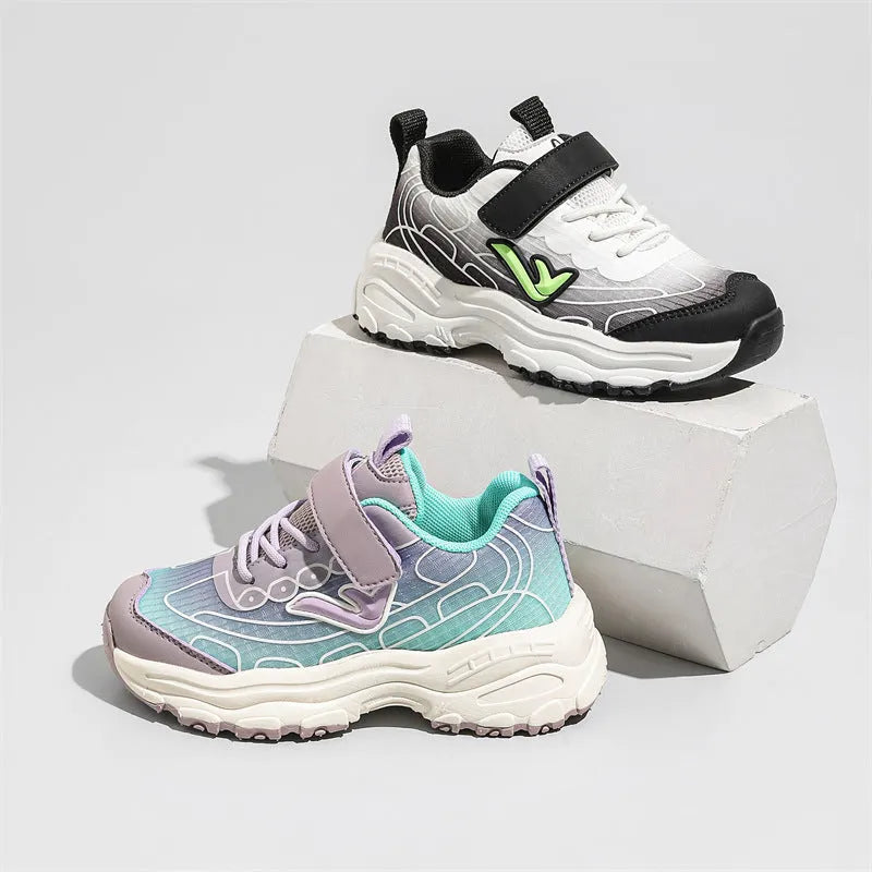 Children's black and purple casual dad shoes with striped pattern, mesh uppers, and rubber soles