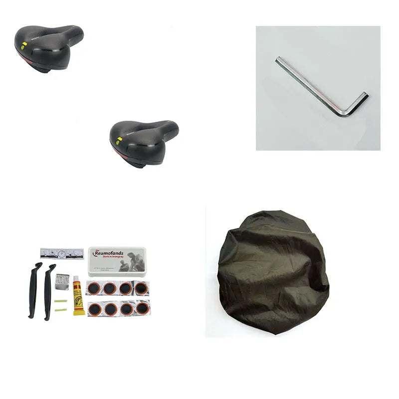 Silicone bicycle cushion saddle with PU leather cover, spring, and included wrench and tyre patches.
