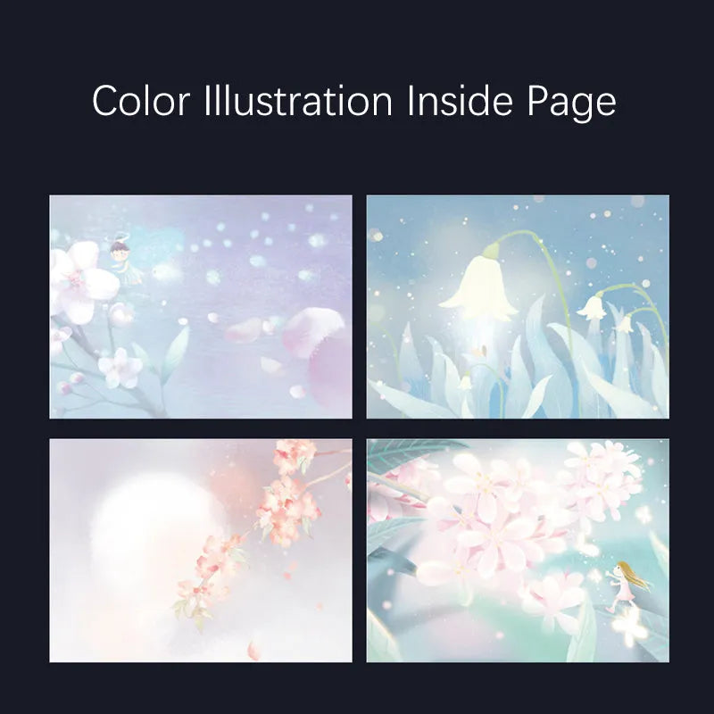 A5 notebook with luminous holographic cover open to show colour illustration on inside pages.