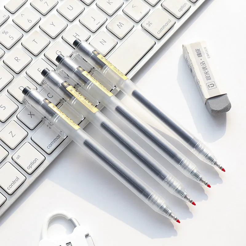 12 black retractable gel pens with frosted barrels and 2 refills on white background