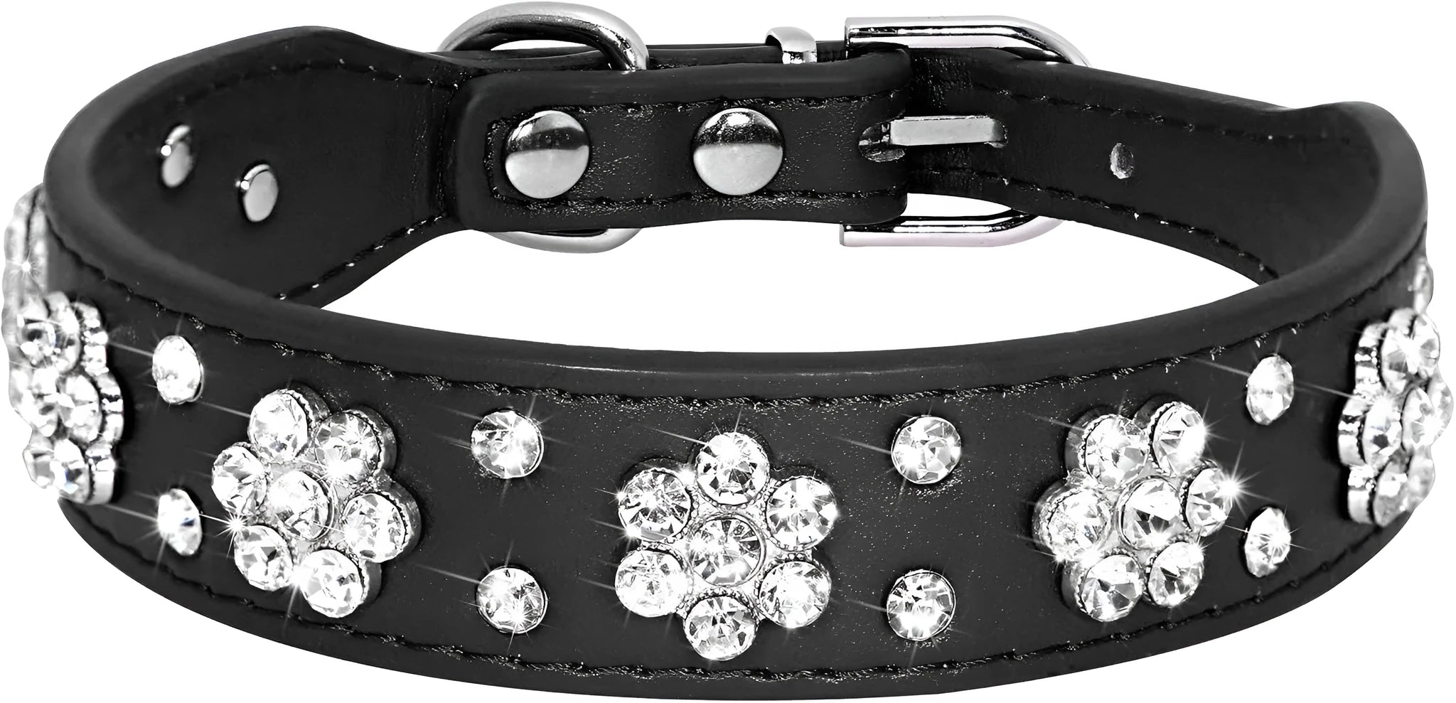 Black PU leather dog collar with sparkling rhinestone flower studs and a metal D-ring.