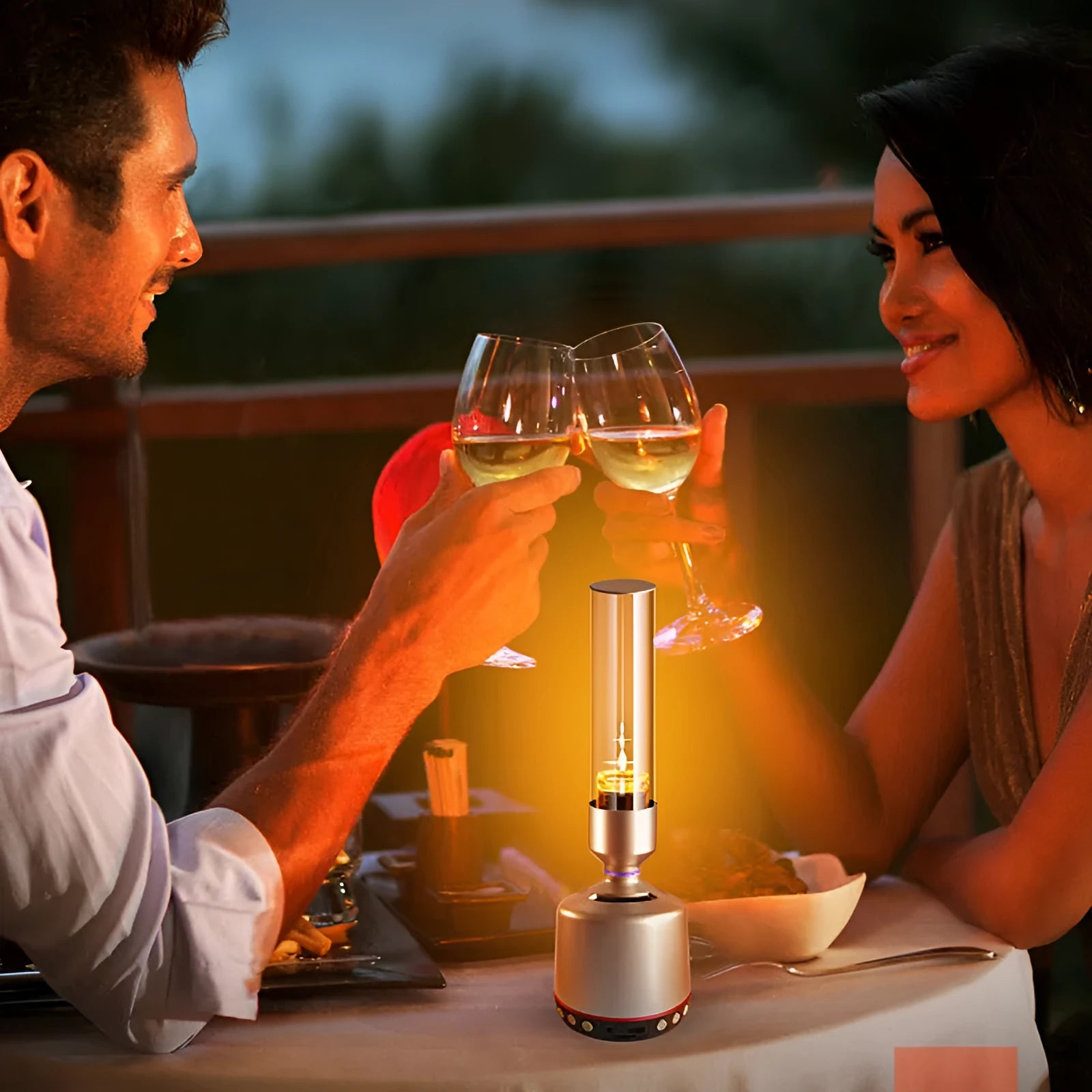 White silver candlelight Bluetooth speaker and LED night light with modern design.
