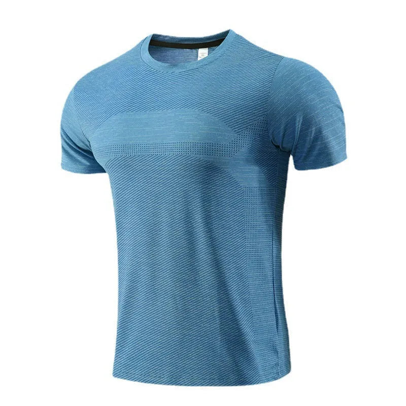 A short-sleeved red polyester spandex sports T-shirt laid flat, designed for running and workouts.