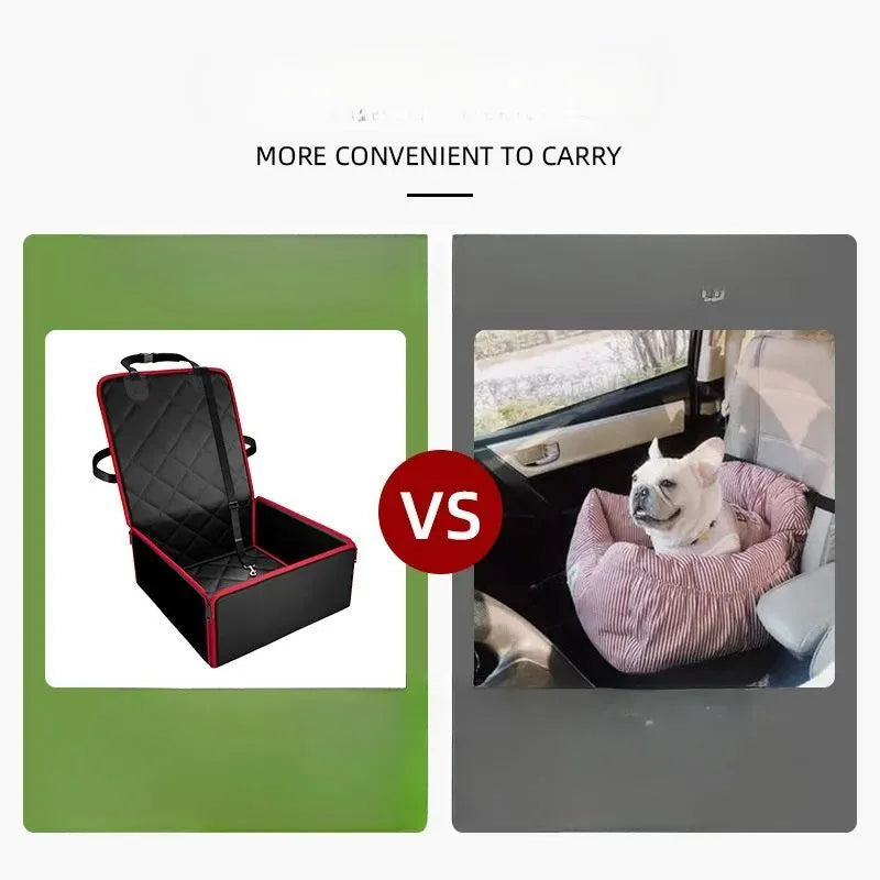 Large black dog car seat pad with non-slip base on a car front seat