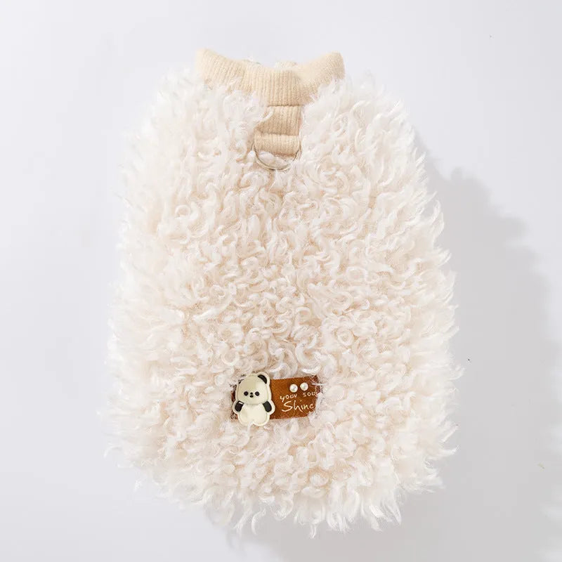 White fluffy lamb wool pet vest with 3D panda patch and "You Shine" tag for small cats and dogs.