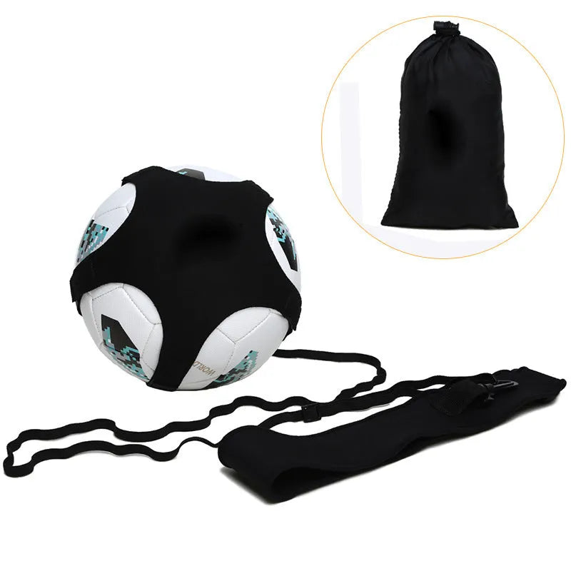 Black football juggling belt with rotating mechanism and 2-metre training cord