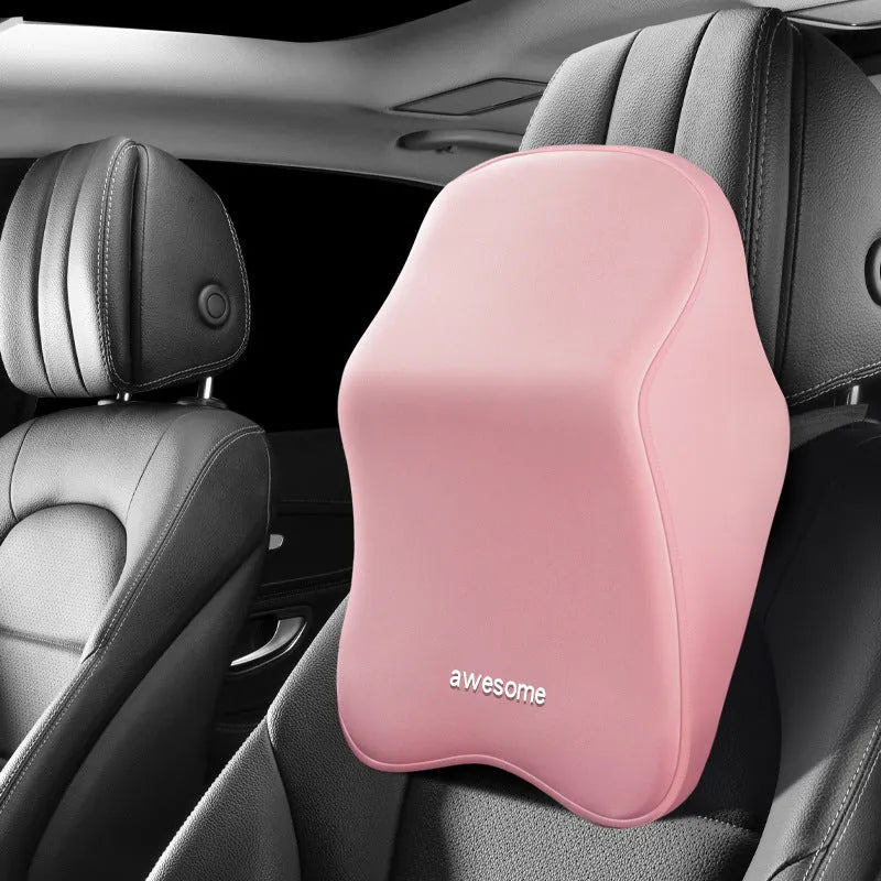 Memory foam car lumbar support pillow and matching headrest cushion in geometric pattern