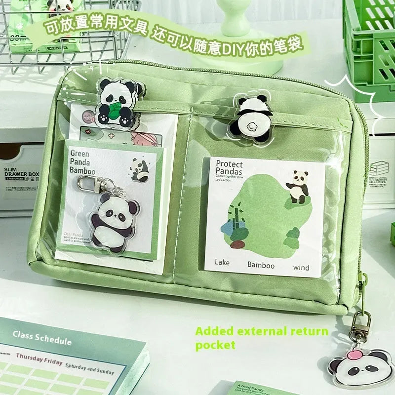 Green canvas pencil case with 12-layer compartmentalised design showing panda-themed Korean style elements