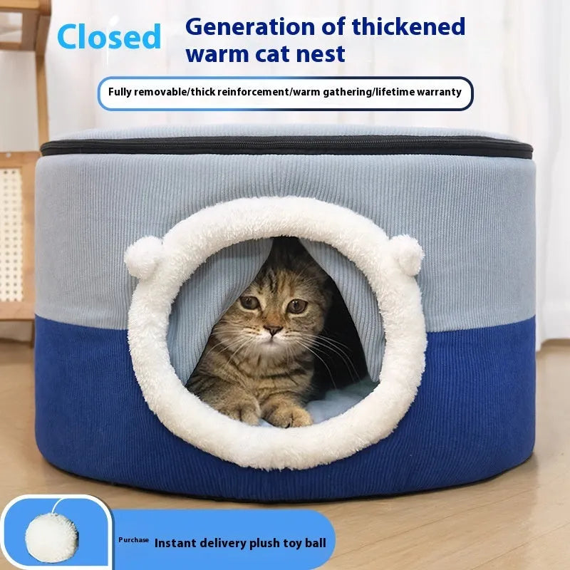 Closed plush cloth cat nest in dark coffee colour with entrance opening, suitable for indoor cats up to 9kg