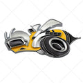 Pair of large yellow and silver zinc alloy bee-shaped bumper badge labels on a dark surface.