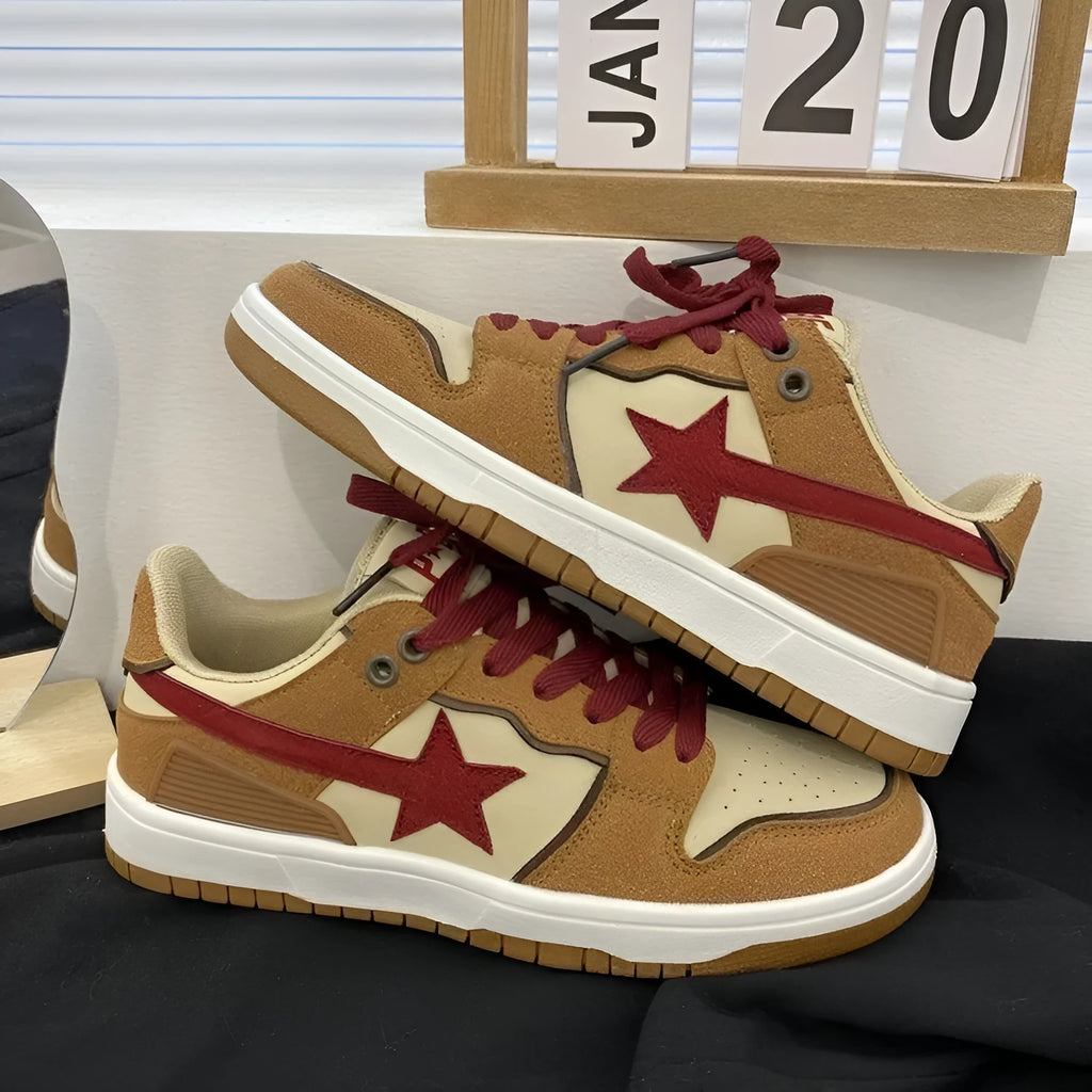 Brown women's platform sneakers with sequin accents and rubber soles
