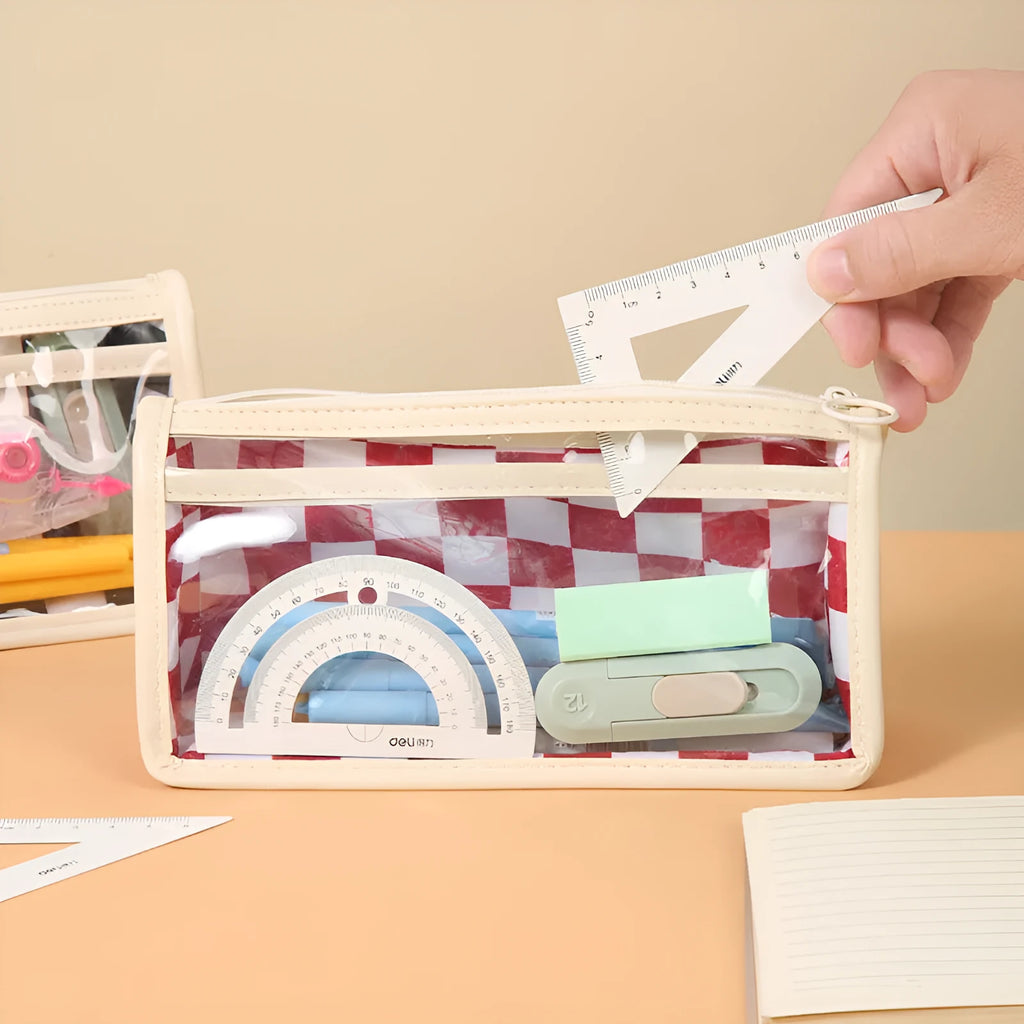 Transparent PVC pencil case with a chessboard grid pattern, showing pens inside, next to a red and white plaid version.