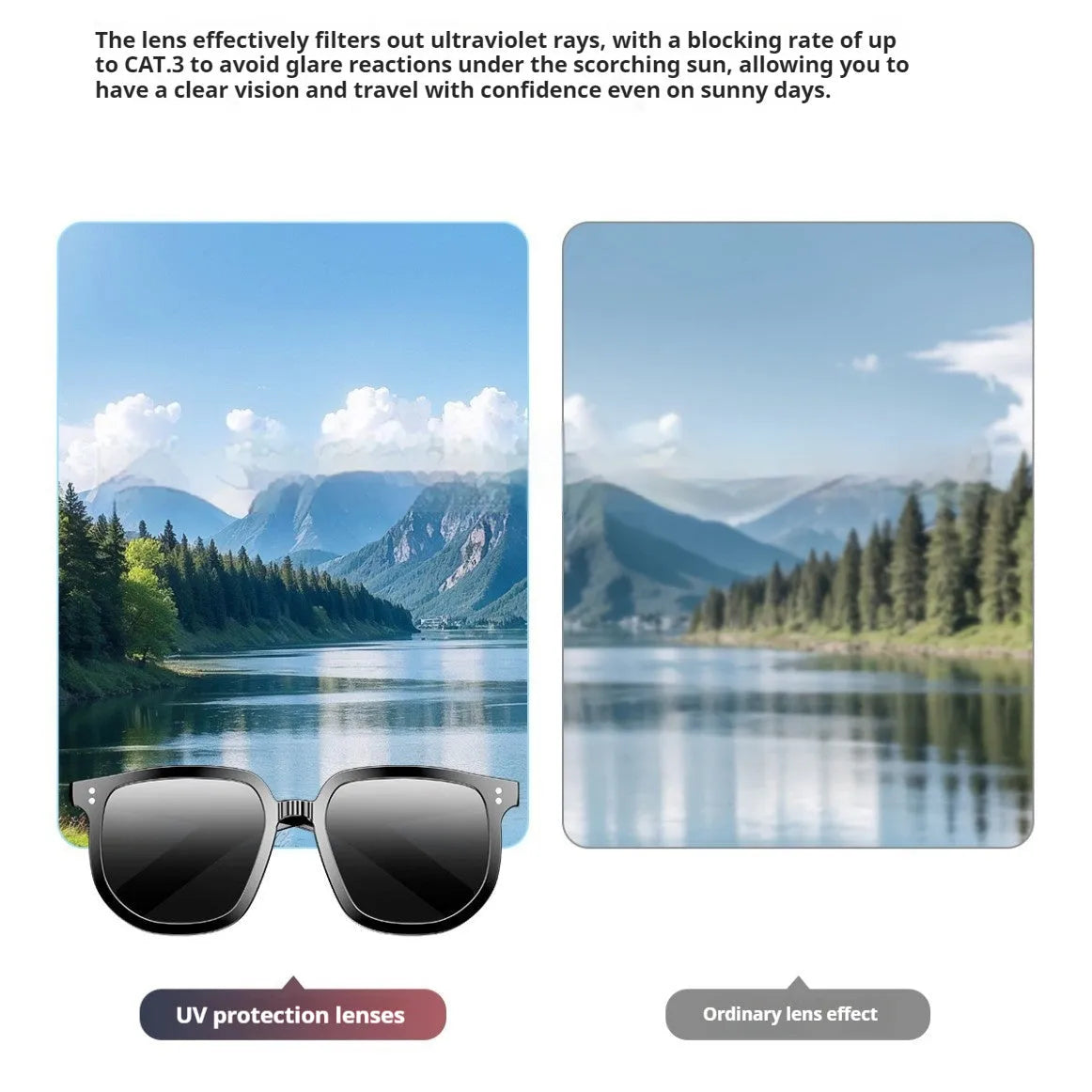 Black AI smart glasses with Bluetooth audio, touch controls, and UV-protective PC lenses.