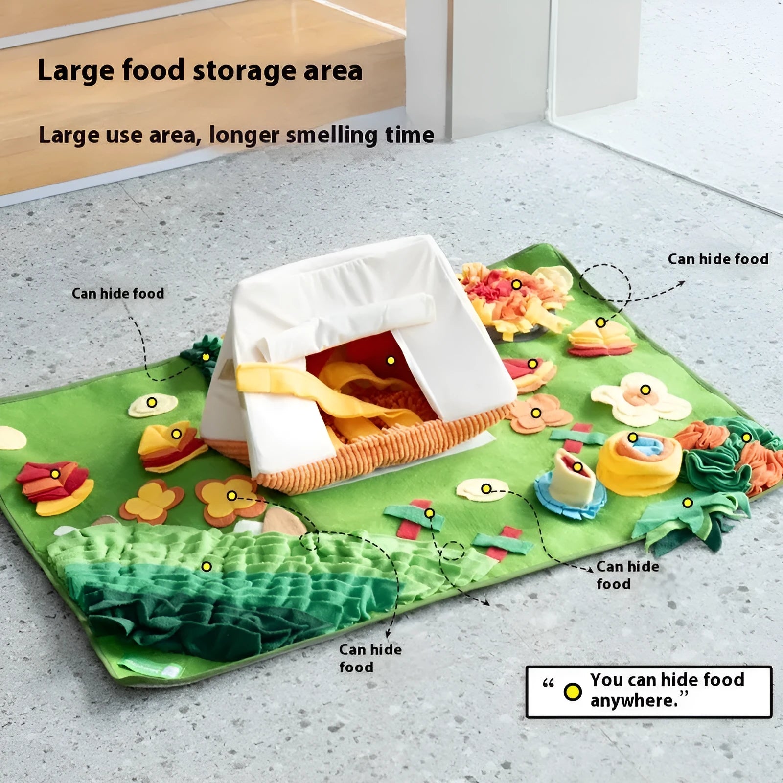Plastic dog sniffing mat with treat-hiding surface in garden camping themed design