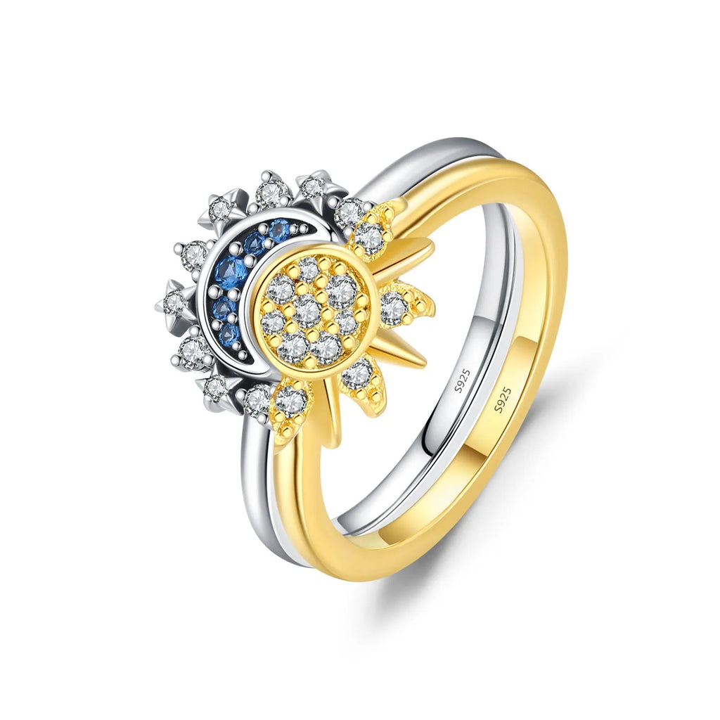 Twin wind sun moon 925 sterling silver ring, asymmetric design, on index finger, US size 7 54mm, colour 2004 Sun