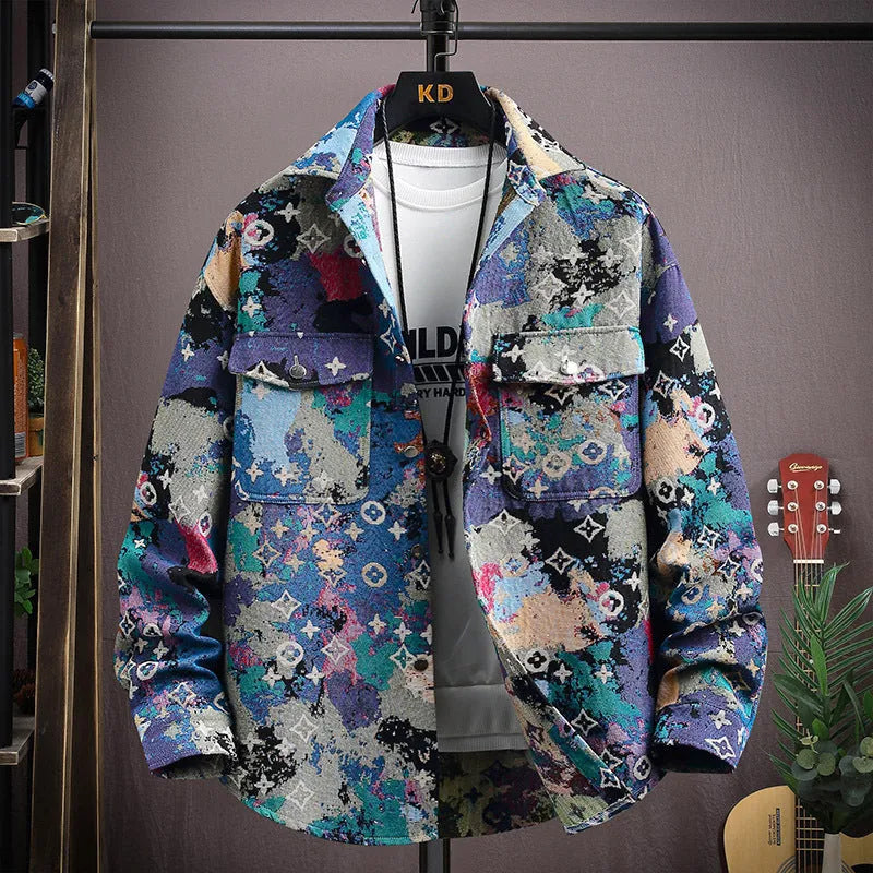 Personality brand casual lapel long sleeve shirt coat in a straight hem design, shown in a blue colour option.