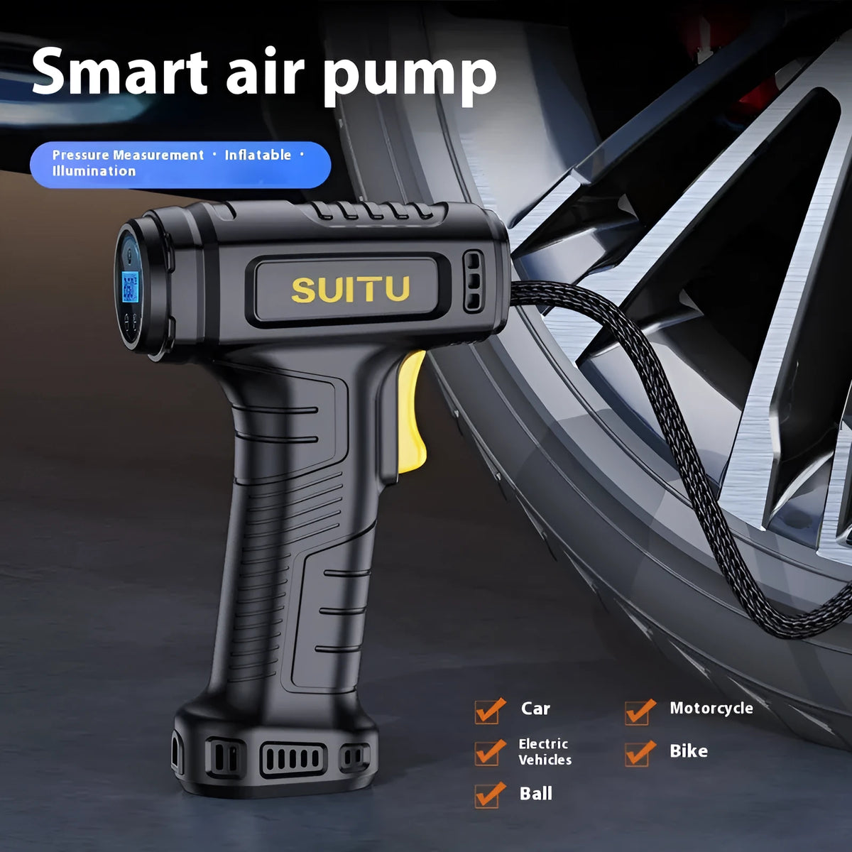 120W handheld inflator with digital display, lighting, ABS alloy body, 160 x 60 x 230 mm, DC12V, 20L/min airflow, air nozzle