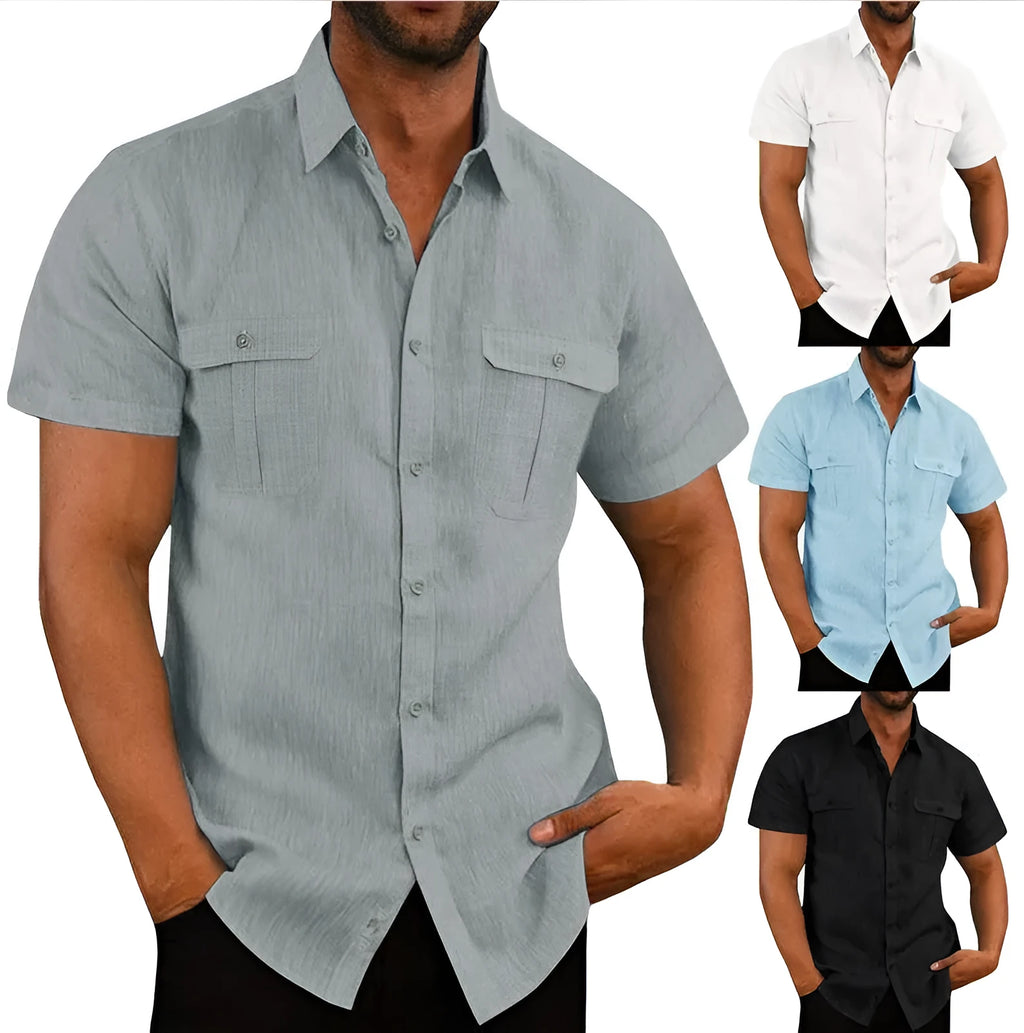 Men's hemp blend short sleeve shirt with double pockets and wide collar in solid colour