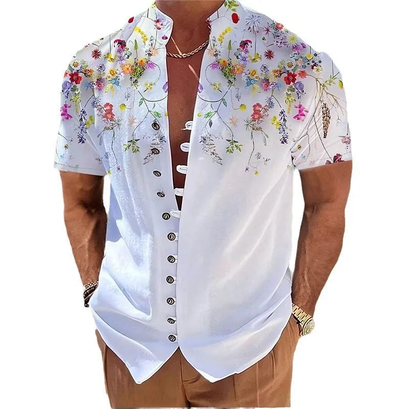 Youth short sleeve casual shirt with geometric 3D printed floral pattern in chemical fibre blending fabric