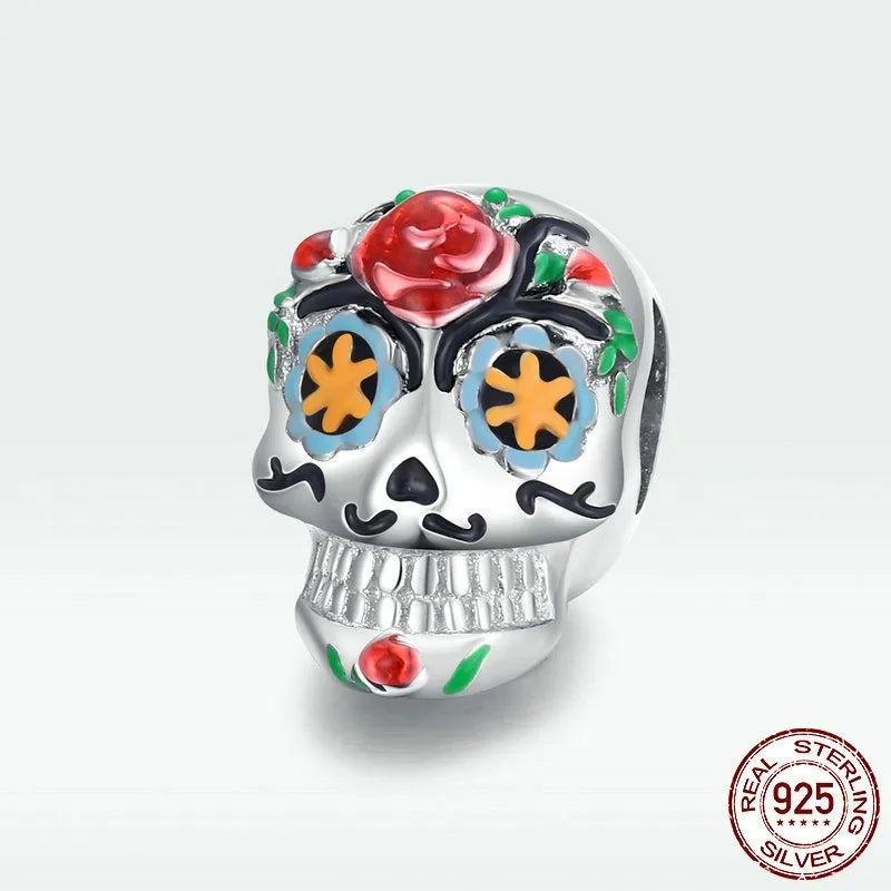 Halloween skull bead made from 925 sterling silver with platinum plating and oil drip finish
