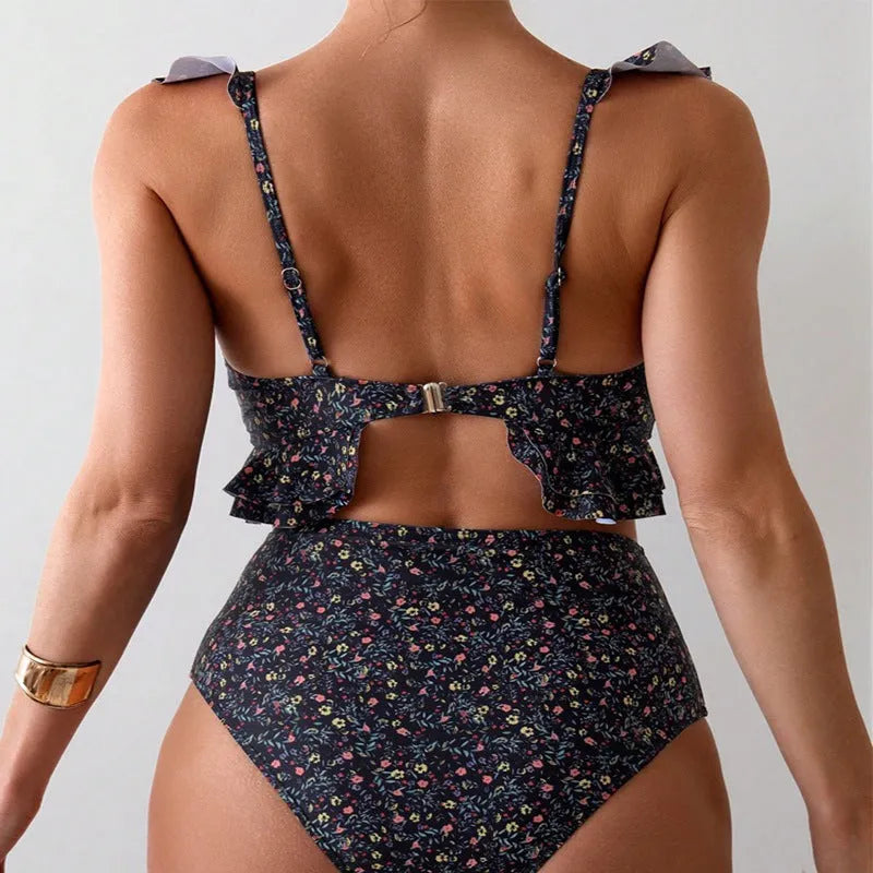 Floral flounce split backless swimsuit set, black with pink floral pattern, polyester, brief bottom, women's swimwear