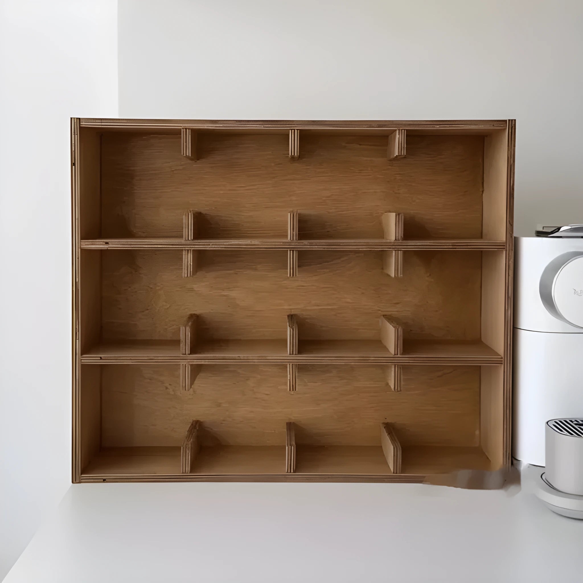 Square solid wood cup storage rack with multiple grid compartments in birch wood meridian colour
