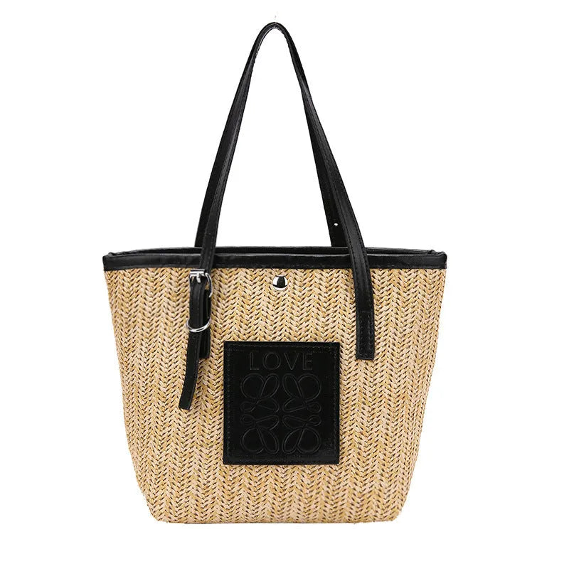 Straw woven women's shoulder bag in European American retro style with grass texture lining