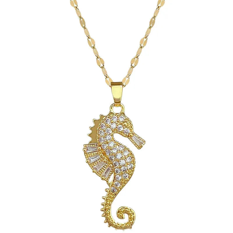 Gold seahorse pendant necklace for women with copper pendant and titanium steel twisted chain, 31-40cm