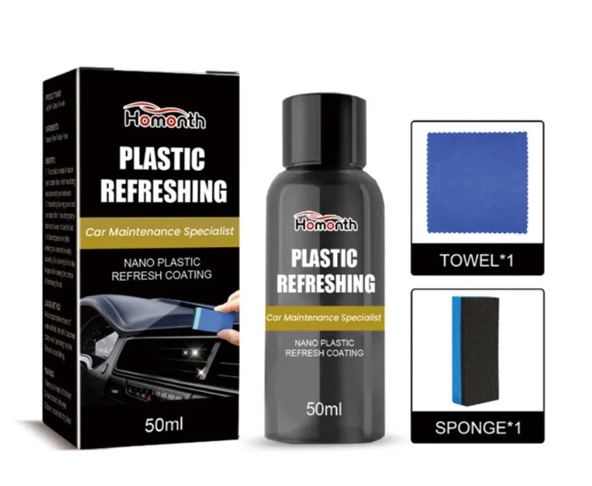 Nano Plastic Refresh Coating kit showing bottle, application sponge, and buffing towel for car interior restoration