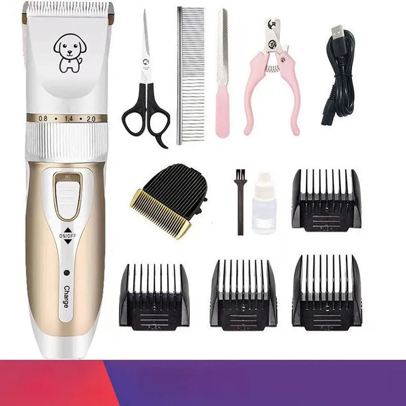 White handled dog grooming clipper kit with ceramic blades, four combs, oil, brush and USB cable on table.