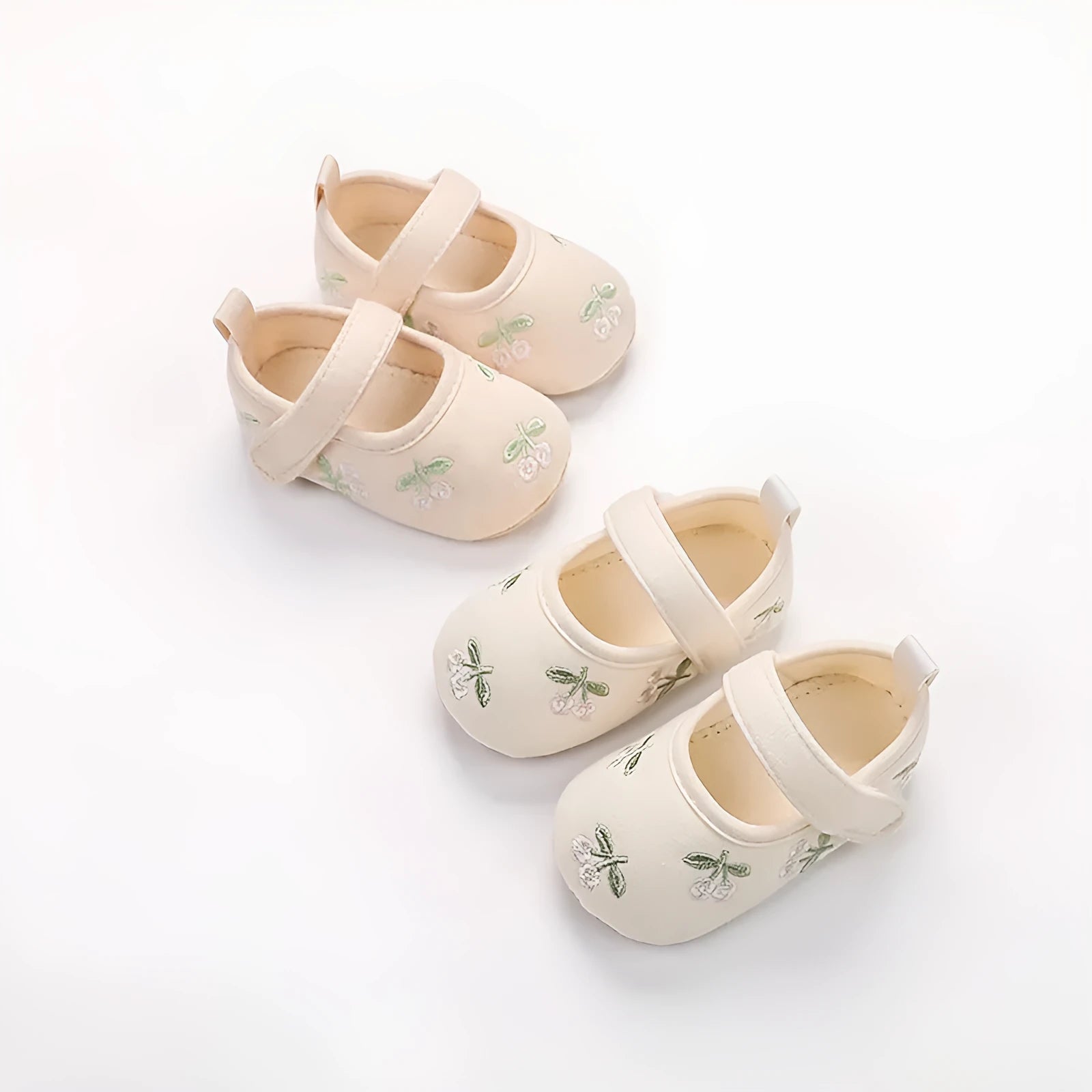 Baby girl cotton spring shoes with small flower embroidery in khaki, Velcro fastening, non-slip sole