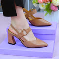 Women's closed toe sandals with chunky high heel in pigskin leather, backless slip-on design