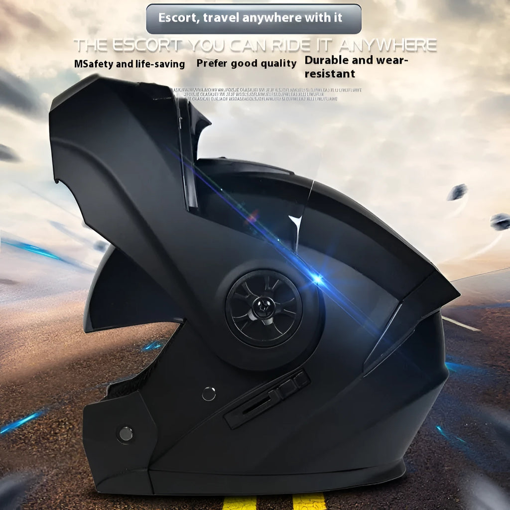 Matte black full face battery helmet for adults in sizes S M L XL on a white background.