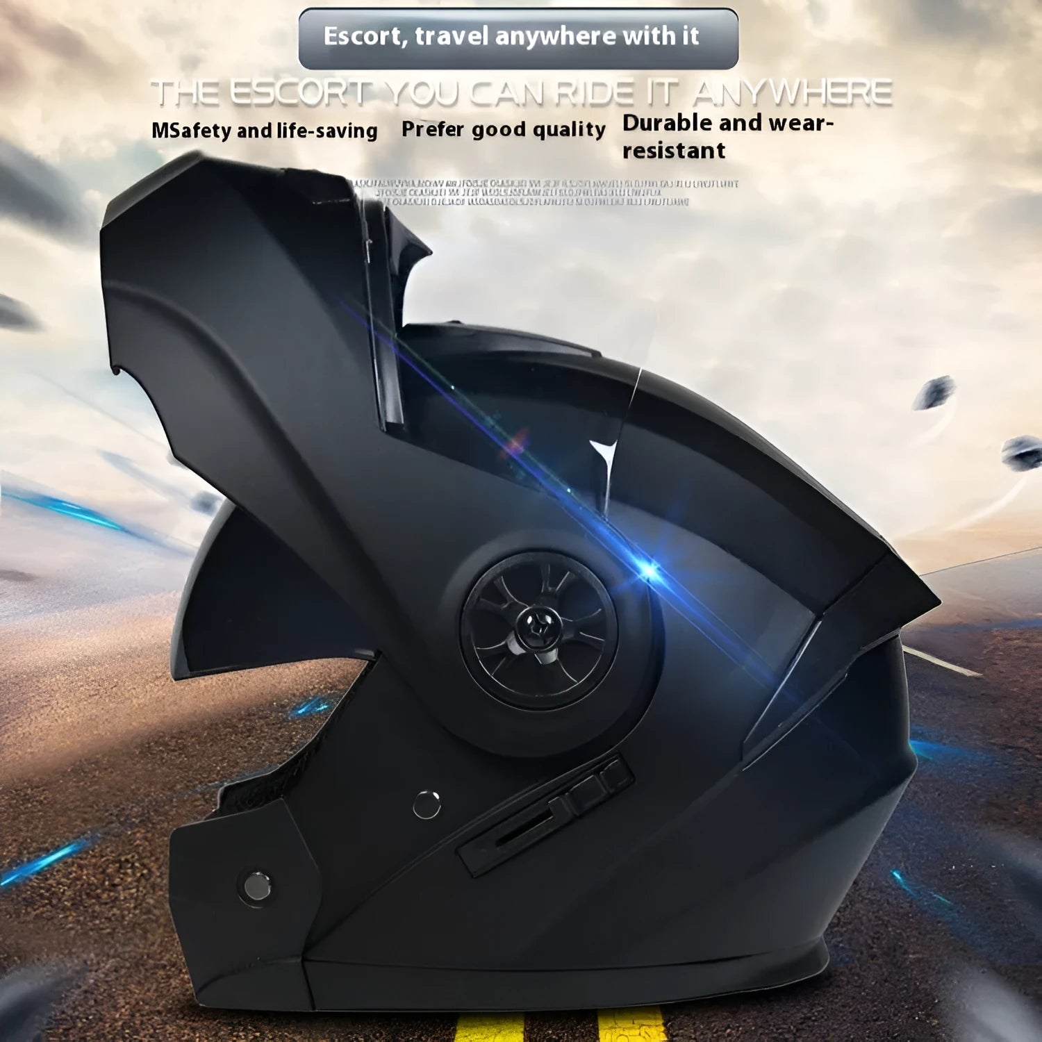 Matte black full face battery helmet for adults in sizes S M L XL on a white background.