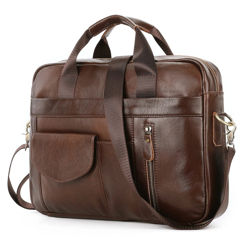 Men's 10-inch first-layer cowhide leather cross-body briefcase, vertical square zip-top bag, black or brown