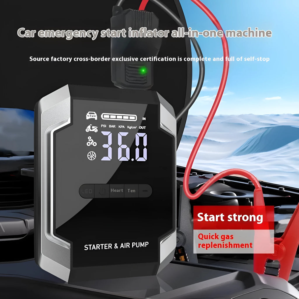 12V car emergency jump starter and tyre inflator with ABS casing and Eva storage bag on a workbench