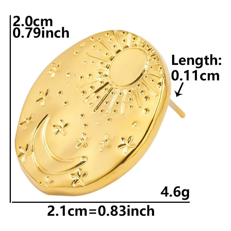 A pair of geometric-shaped stainless steel ear studs with a shell detail, shown in gold and silver colour options.