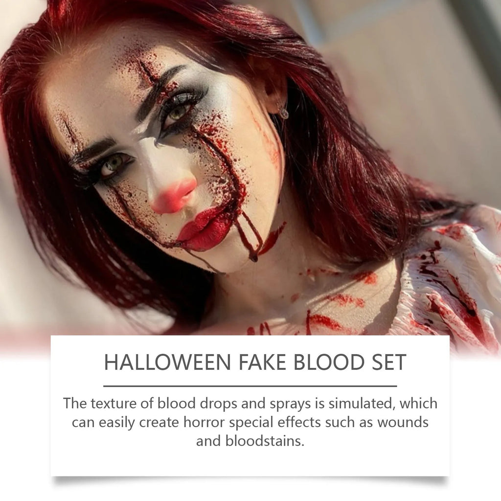 3-piece washable fake blood set with plasma drops, spray bottle, and facial soap for special effects makeup